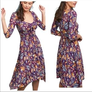 Anthropologie Maeve Beloved purple Floral Tie Front Asymmetrical Hem Dress Large
